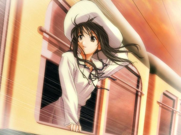Anime picture 1024x768 with memories off memories off 2nd minami tsubame wind hat train