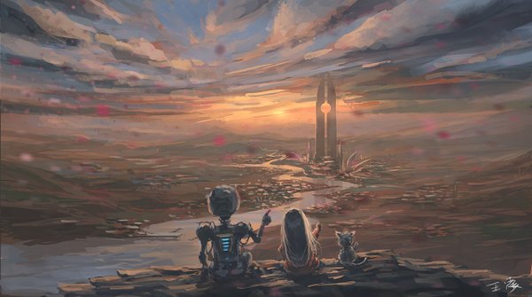 Anime picture 1280x715 with original wlop long hair wide image sitting sky white hair back evening sunset pointing river girl animal building (buildings) cat child (children) robot