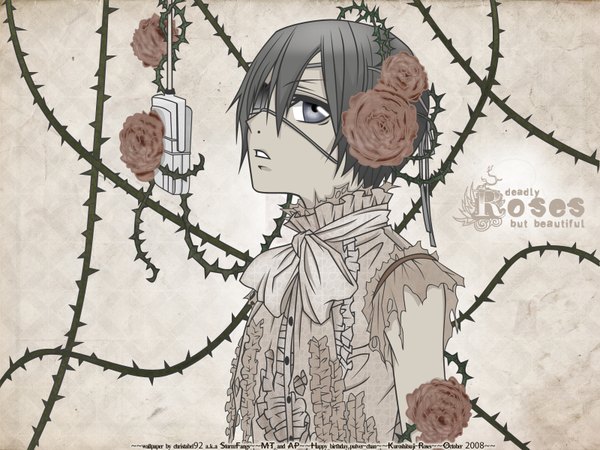 Anime picture 1600x1200 with kuroshitsuji a-1 pictures ciel phantomhive tagme (artist) single looking at viewer short hair blue eyes signed parted lips hair flower lips teeth torn clothes dated happy birthday 2008 boy hair ornament flower (flowers)
