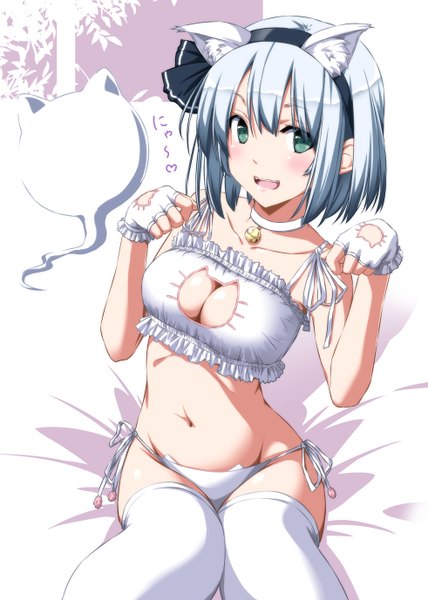 Anime picture 982x1378 with touhou konpaku youmu nori tamago single tall image looking at viewer blush short hair breasts open mouth blue eyes light erotic animal ears silver hair cat ears underwear only groin fake animal ears paw pose girl