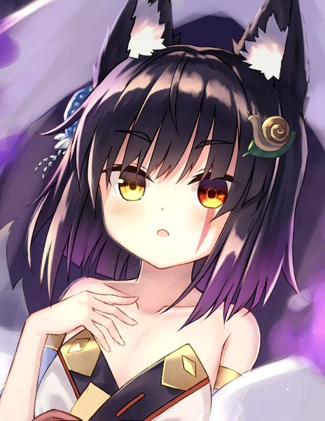 Anime picture 1858x2401 with original satou (3366 s) single tall image looking at viewer highres short hair open mouth black hair bare shoulders animal ears yellow eyes purple hair orange eyes heterochromia gradient background portrait girl hair ornament