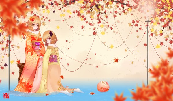 Anime picture 1800x1050 with touhou aki minoriko aki shizuha dusk/dawn highres short hair blonde hair red eyes wide image bare shoulders multiple girls yellow eyes traditional clothes japanese clothes girl 2 girls kimono leaf (leaves) obi ball
