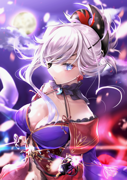 Anime picture 1764x2508 with fate (series) fate/grand order miyamoto musashi (fate) hane yuki single long hair tall image looking at viewer blush fringe highres breasts blue eyes light erotic large breasts bare shoulders holding cleavage silver hair upper body