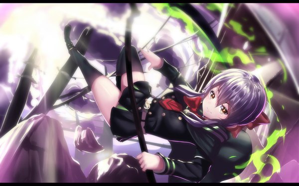 Anime picture 1909x1193 with owari no seraph wit studio hiiragi shinoa hk (hak) looking at viewer fringe highres short hair smile wide image yellow eyes purple hair sunlight from below magic letterboxed sunbeam thighhighs bow black thighhighs