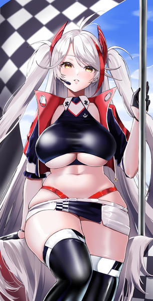 Anime picture 1954x3840 with azur lane prinz eugen (azur lane) prinz eugen (final lap) (azur lane) marumai single tall image looking at viewer blush fringe highres breasts light erotic standing holding yellow eyes sky silver hair ahoge outdoors very long hair