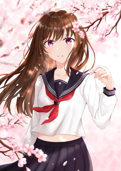 Anime picture 2480x3508 with original eating (eetw7887) single long hair tall image looking at viewer highres brown hair standing purple eyes holding parted lips wind cherry blossoms shaded face spring girl uniform flower (flowers) serafuku