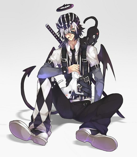 Anime picture 1000x1147 with gaia online single tall image short hair black hair simple background white background sitting green eyes looking away white hair multicolored hair horn (horns) grey background two-tone hair striped demon tail bat wings rhombus boy