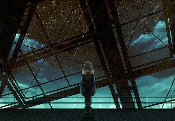 Anime picture 1000x695 with original mizushiro aoi single long hair brown hair standing sky cloud (clouds) from behind night night sky dark background shooting star girl boots scarf star (stars) backpack fence