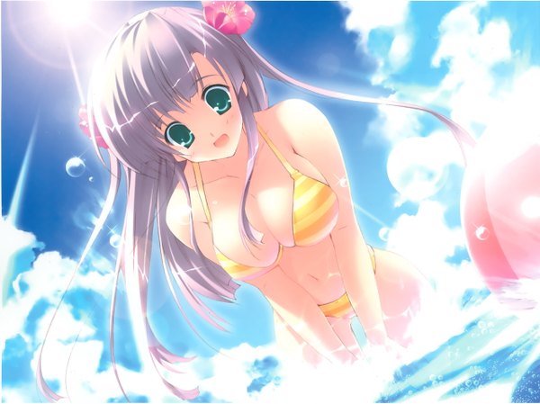 Anime picture 2558x1918 with mikeou highres light erotic beach girl swimsuit bikini striped bikini