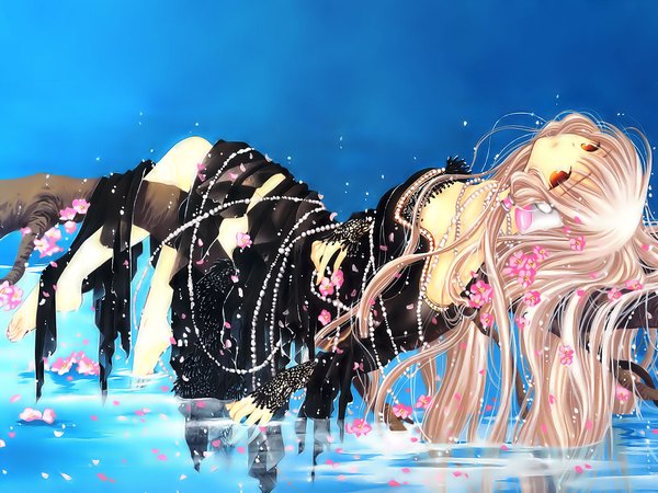 Anime picture 1600x1200 with chobits clamp freya single long hair looking at viewer blonde hair bent knee (knees) lying barefoot hair flower wet wallpaper blue background wet clothes girl dress hair ornament flower (flowers) petals
