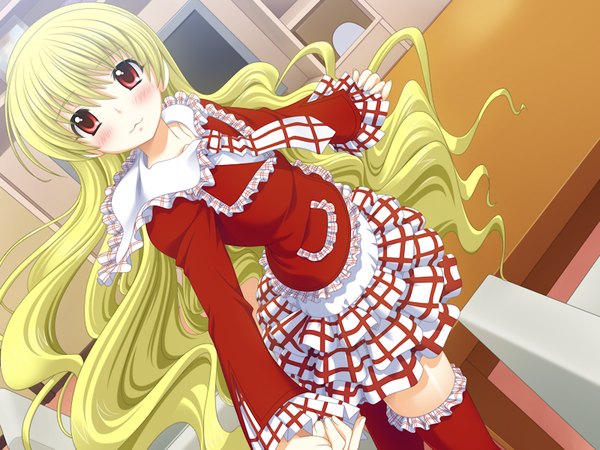 Anime picture 1200x900 with executor script blonde hair red eyes game cg loli dress red dress