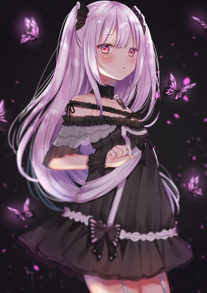 Anime picture 2894x4093 with virtual youtuber hololive uruha rushia uruha rushia (3rd costume) okiq single long hair tall image blush highres pink hair pink eyes :o two side up black background girl dress black dress insect butterfly