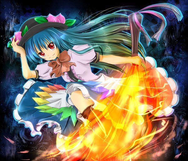 Anime picture 1200x1028 with touhou hinanawi tenshi rikkunia smile red eyes aqua hair girl bow hat fire