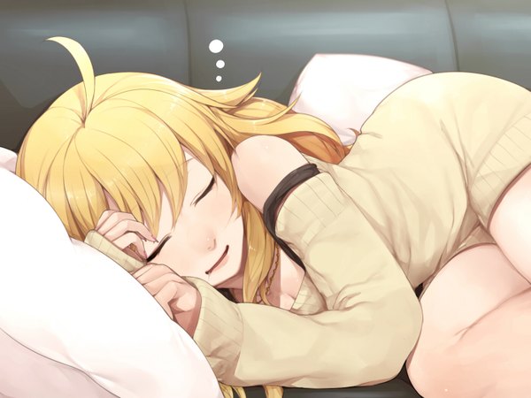 Anime picture 1400x1050 with idolmaster hoshii miki hitoto single long hair open mouth blonde hair ahoge eyes closed sleeping girl pillow sweater