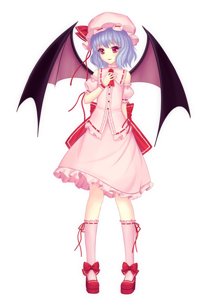 Anime picture 2009x2840 with touhou remilia scarlet scarlethy (artist) single tall image highres short hair simple background red eyes white background blue hair girl dress ribbon (ribbons) bow detached sleeves wings socks white socks bonnet
