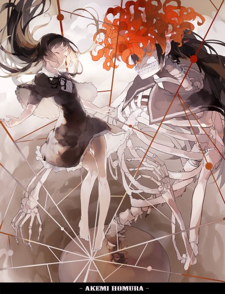 Anime picture 1000x1308 with mahou shoujo madoka magica shaft (studio) akemi homura homulilly nine (liuyuhao1992) long hair tall image black hair eyes closed barefoot character names magical girl skeleton girl dress flower (flowers) black dress mantle higanbana spider web