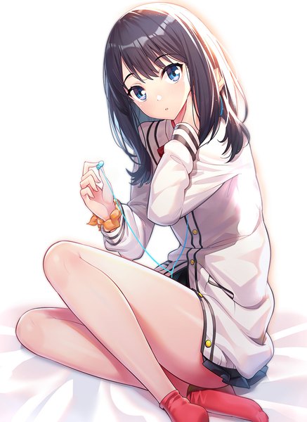 Anime picture 858x1176 with gridman universe ssss.gridman studio trigger takarada rikka ririko (zhuoyandesailaer) single long hair tall image looking at viewer blush fringe blue eyes light erotic simple background white background sitting full body bent knee (knees) long sleeves parted lips