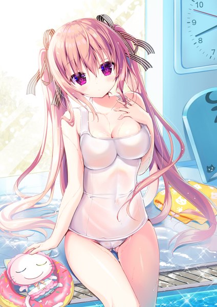 Anime picture 600x848 with original shiwasu horio single long hair tall image looking at viewer blush fringe breasts light erotic hair between eyes sitting bare shoulders payot pink hair ahoge indoors head tilt pink eyes arm up