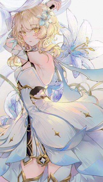 Anime picture 753x1325 with genshin impact lumine (genshin impact) kinokohime single tall image looking at viewer fringe short hair blonde hair hair between eyes standing yellow eyes hair flower floral background girl dress flower (flowers) detached sleeves lily (flower)