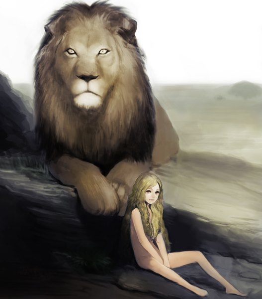 Anime picture 1200x1365 with original meto31 tall image looking at viewer light erotic blonde hair sitting brown eyes light smile nude wavy hair between legs girl animal lion