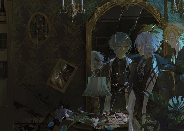 Anime picture 3591x2575 with genshin impact kamisato ayaka kamisato ayato thoma (genshin impact) mors gn long hair highres blonde hair absurdres silver hair indoors eyes closed mole multiple boys reflection mole under mouth silver eyes clothes on shoulders blood stains broken glass