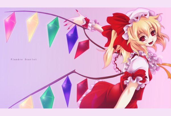 Anime picture 1760x1200 with touhou flandre scarlet futami kito single highres short hair blonde hair red eyes character names vampire girl hat wings