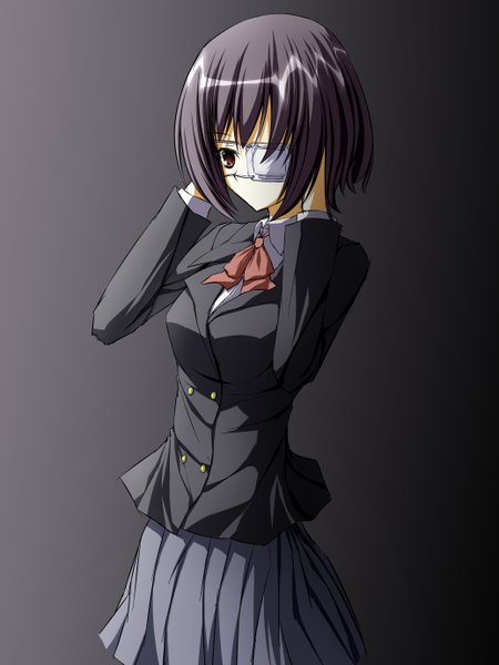 Anime picture 2071x2760 with another p.a. works misaki mei single tall image highres short hair black hair simple background red eyes grey background girl eyepatch