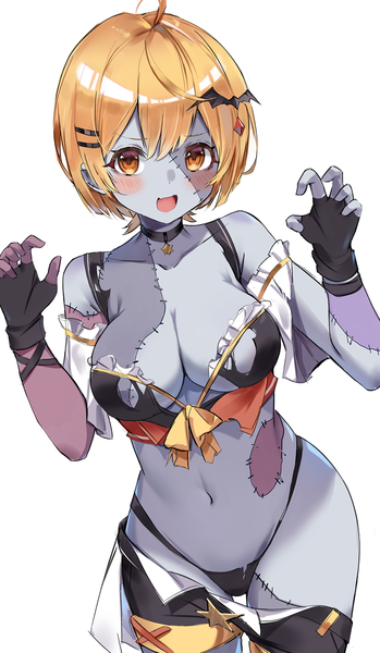 Anime picture 1047x1800 with virtual youtuber hololive yozora mel yozora mel (2nd costume) orobou single tall image looking at viewer blush fringe short hair breasts open mouth light erotic simple background blonde hair smile large breasts standing white background