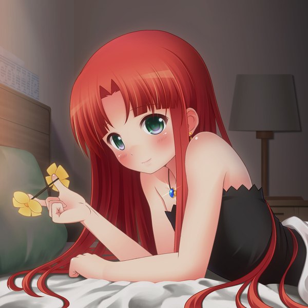 Anime picture 1500x1500 with fractale nessa nukunuku (hinataboltuko) single long hair blush bare shoulders green eyes red hair loli girl pillow jewelry lamp
