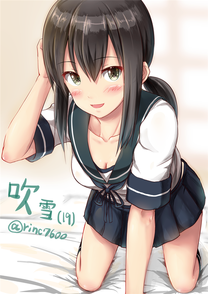 Anime-Bild 1254x1770 mit kantai collection fubuki destroyer single tall image blush fringe short hair breasts light erotic black hair yellow eyes ponytail parted lips light smile kneeling hand on head girl skirt uniform school uniform