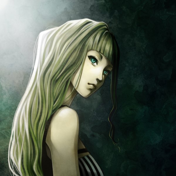 Anime picture 3150x3150 with original shilesque single long hair looking at viewer highres blonde hair bare shoulders green eyes absurdres looking back girl