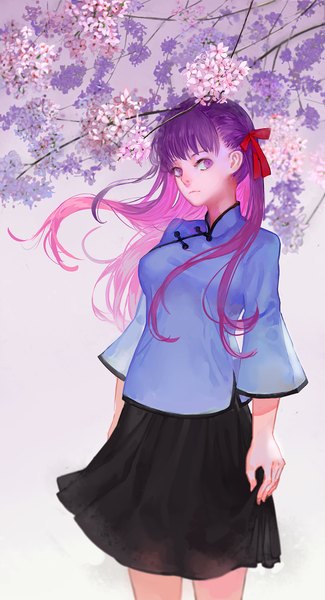 Anime picture 1000x1842 with fate (series) fate/stay night type-moon matou sakura hoshimawa single long hair tall image looking at viewer fringe standing purple eyes pink hair purple hair multicolored hair sunlight two-tone hair cherry blossoms colored inner hair girl