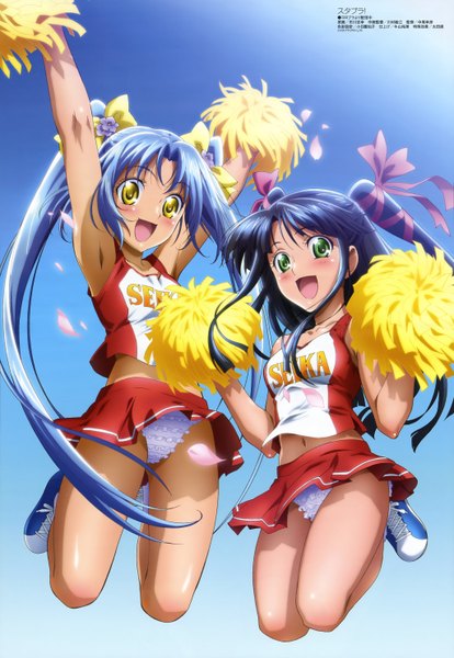 Anime picture 4093x5934 with star plus one megami magazine umikamome kotone uzuki kanon long hair tall image blush highres open mouth light erotic twintails multiple girls green eyes yellow eyes blue hair absurdres official art cheerleader girl underwear