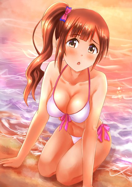 Anime picture 800x1131 with idolmaster idolmaster cinderella girls igarashi kyouko kanbee0000 single long hair tall image looking at viewer blush fringe breasts open mouth light erotic brown hair large breasts sitting bare shoulders brown eyes cleavage outdoors