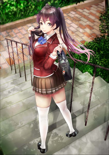 Anime picture 900x1273 with original konekoneko (indonesia) single long hair tall image looking at viewer fringe smile hair between eyes brown hair standing twintails holding brown eyes payot purple hair full body outdoors long sleeves pleated skirt
