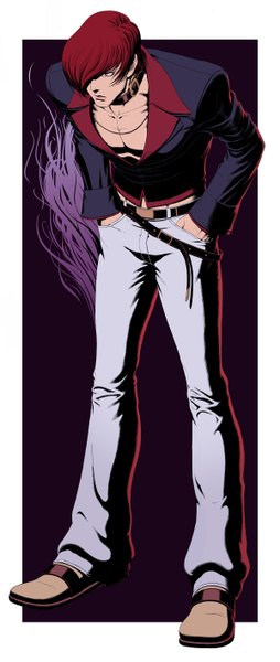 Anime picture 1200x2831 with the king of fighters snk yagami iori single tall image fringe short hair red eyes standing full body red hair hair over one eye framed hands in pockets boy jacket belt collar