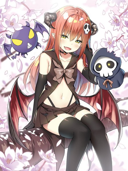 Anime-Bild 898x1200 mit shadowverse sky-freedom single long hair tall image looking at viewer blush fringe open mouth hair between eyes sitting green eyes red hair pleated skirt horn (horns) fang (fangs) depth of field zettai ryouiki cherry blossoms adjusting hair