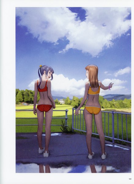 Anime picture 5092x6966 with futurelog (artbook) range murata long hair tall image highres open mouth light erotic black hair brown hair standing multiple girls absurdres sky cloud (clouds) ass ponytail from behind scan back border