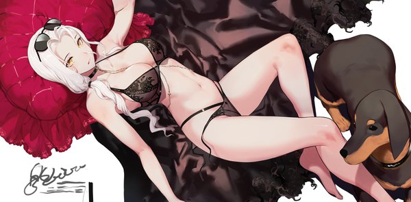 Anime picture 2040x1005 with fate (series) fate/grand order carmilla (fate) salmon88 single long hair looking at viewer highres breasts light erotic wide image large breasts white background bare shoulders signed yellow eyes payot bent knee (knees) white hair lying