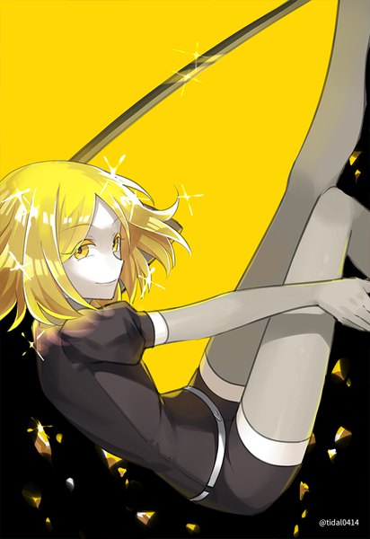 Anime picture 688x1000 with houseki no kuni yellow diamond (houseki no kuni) mujun atama single tall image short hair blonde hair smile signed yellow eyes sparkle puffy sleeves twitter username yellow background falling androgynous thighhighs gloves elbow gloves