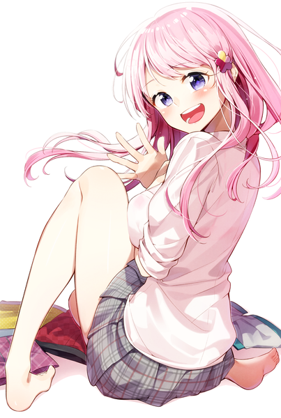 Anime picture 994x1480 with original sakuragi ren single long hair tall image looking at viewer blush breasts open mouth simple background smile white background sitting purple eyes pink hair full body bent knee (knees) head tilt :d pleated skirt