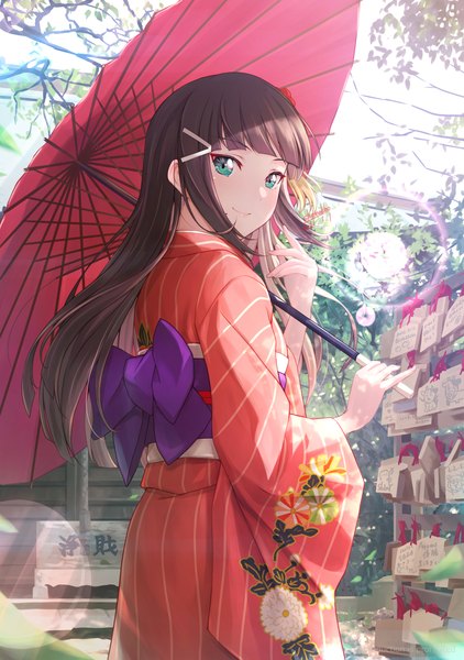 Anime picture 1274x1812 with love live! sunshine!! sunrise (studio) love live! kurosawa dia shamakho single long hair tall image looking at viewer fringe black hair smile standing holding sky outdoors blunt bangs traditional clothes japanese clothes aqua eyes