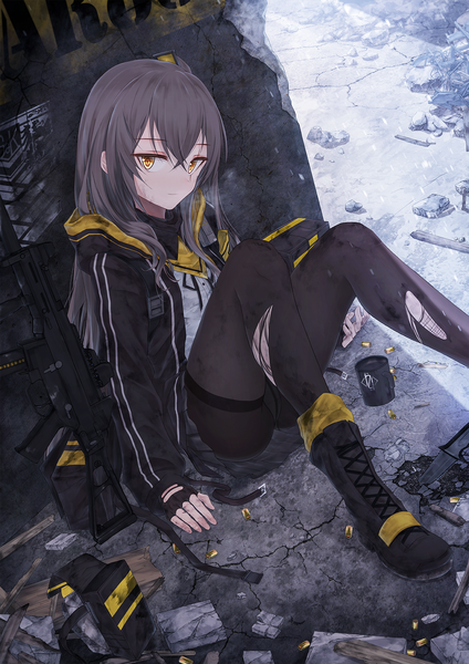 Anime picture 1200x1697 with girls frontline ump45 (girls frontline) bae.c single long hair tall image looking at viewer fringe light erotic hair between eyes sitting yellow eyes outdoors pleated skirt light smile grey hair open jacket one side up scar torn pantyhose