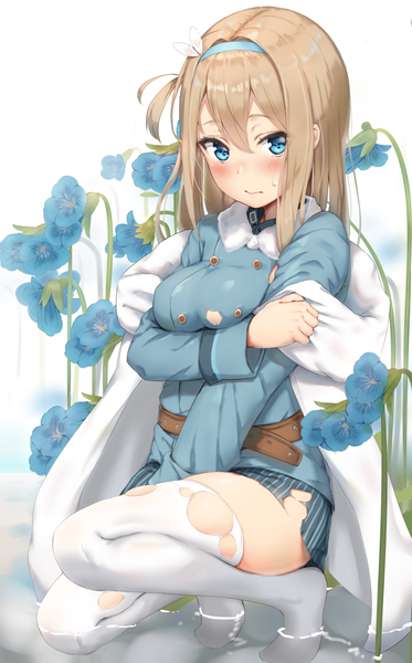 Anime picture 1028x1650 with girls frontline suomi kp31 (girls frontline) reinama single long hair tall image looking at viewer blush fringe breasts blue eyes simple background blonde hair hair between eyes white background full body no shoes fur trim thighs one side up