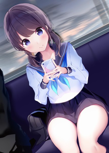 Anime picture 900x1259 with original chikuwa. single tall image blush fringe short hair light erotic black hair smile sitting purple eyes twintails holding long sleeves head tilt pleated skirt blurry dutch angle thighs