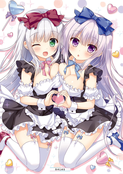 Anime picture 1451x2048 with alice or alice airi (alice or alice) rise (alice or alice) ameto yuki long hair tall image looking at viewer blush breasts open mouth light erotic purple eyes multiple girls cleavage silver hair one eye closed aqua eyes wink scan heart hands