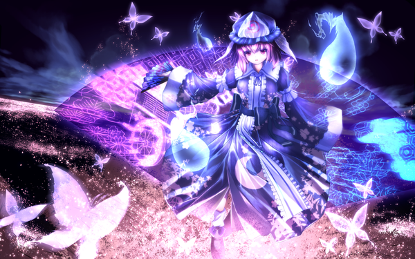 Anime picture 1200x750 with touhou saigyouji yuyuko pengin (takeoff425) single looking at viewer short hair purple eyes purple hair dark background ghost girl dress insect butterfly bonnet fan