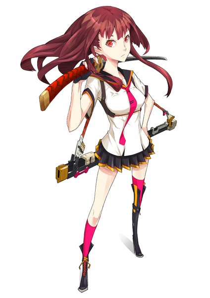 Anime picture 1240x1754 with original firecel single long hair tall image looking at viewer fringe simple background red eyes brown hair standing white background pleated skirt short sleeves girl thighhighs skirt weapon sword necktie