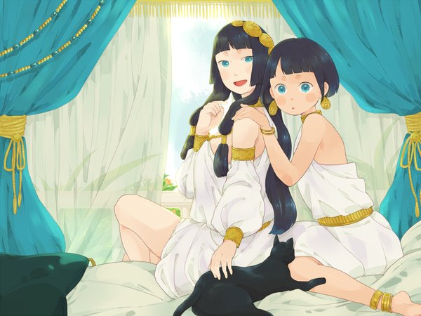 Anime picture 1000x750 with original mosuko long hair blush short hair open mouth blue eyes black hair sitting multiple girls girl 2 girls earrings bed curtains jewelry cat