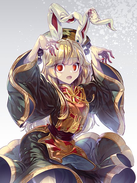 Anime picture 750x1000 with touhou junko (touhou) zounose single long hair tall image looking at viewer fringe blonde hair red eyes animal ears blunt bangs nail polish traditional clothes grey background bunny ears chinese clothes animal print red nail polish kemonomimi mode